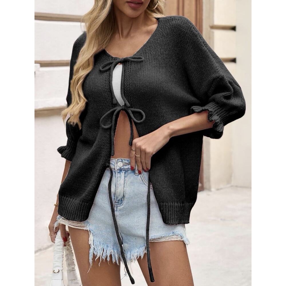 Saodimallsu Womens Tie Front Bow Cardigan Sweaters Lightweight Knit Black S